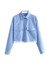 Women’s Crop Oxford Shirt – Long Sleeve, Lapel & Pocket Design